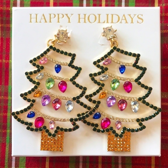 Brand New Colorful Rhinestone Christmas Tree Dangling Earrings - Picture 1 of 8